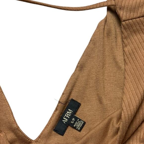 AFRM Nordstrom Camel Brown Ribbed Knit Long Sleeve Deep V-Neck Bodysuit S - Picture 4 of 4